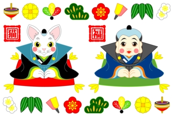 福猫人形と福助人形(年賀状用イラスト素材)