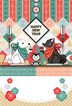 2018年2030年戌年完成年賀状テンプレート「白犬黒犬狛犬トリオ和風デザイン」HAPPYNEWYEAR