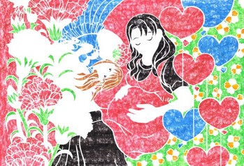 0079d母の日の妊婦と天使 クレヨン