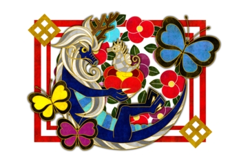 椿・蝶・龍&タツノオトシゴ(白地)(2012年辰年年賀状用イラスト素材)