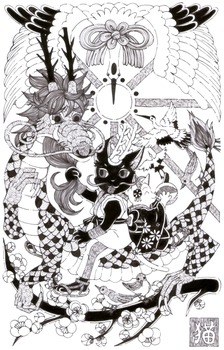 年賀イラスト猫と龍モノクロ