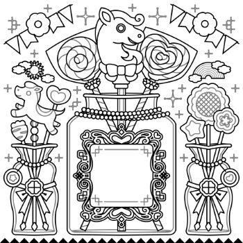 午年イラスト子供向けデザイン「かわいいロリポップキャンディー&チョコレートぬりえ線画」正方形コピースペース