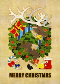 クリスマスカード用イラスト(トナカイとクリスマスリース)白茶地