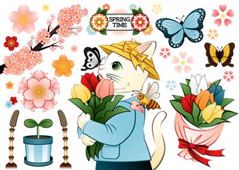 猫のイラスト春のデザイン「SPRING TIME」チューリップ・蝶・蜂・桜・土筆・双葉・花束（Illustration of a cat Spring design 