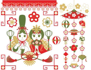 ３月３日桃の節句雛祭り用イラストカットデザインイメージ素材（おめでたい配色赤茶抹茶色）