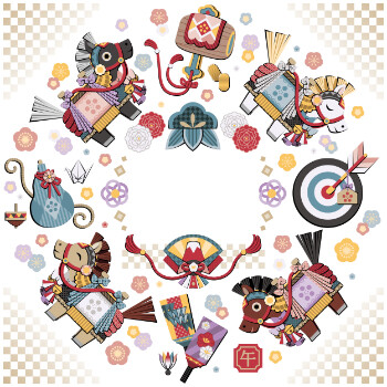 午年イラスト年賀デザイン「チャグチャグ馬コと縁起物」正方形コピースペース