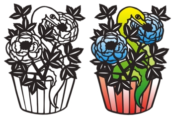 2013年巳年年賀状用イラスト素材(切り絵蛇の花黒)