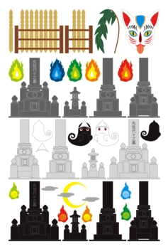 夜の墓地「墓石・卒塔婆・お化け・火の玉・狐面・柳」イラスト素材集