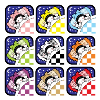 夜布団で眠る女の子とウサギと猫アイコン9色セット