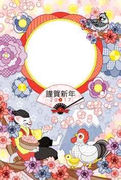 2017年酉年完成年賀状テンプレート「花咲か猫さんと鳥写真フレーム」謹賀新年