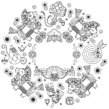 午年イラスト年賀デザイン「チャグチャグ馬コと縁起物ぬりえ線画」正方形コピースペース