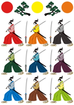 和風挿絵カットイラスト(侍と刀と松と日の丸)9色パターン