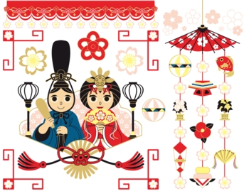 3月3日桃の節句雛祭り用イラストカットデザインイメージ素材(カラフル)