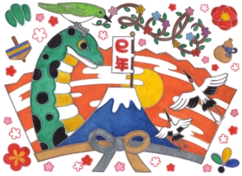 2013年巳年年賀状用イラスト素材(富士山鶴鶯2013)