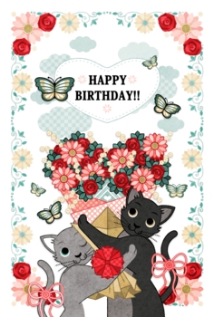 【バースデーカード】HAPPY BIRTHDAY!!(猫とハート花束)