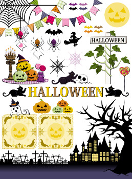 ハロウィンのイラスト装飾デザイン「ジャックオーランタンとゴーストと蜘蛛の巣ガーランドと夜景」素材集