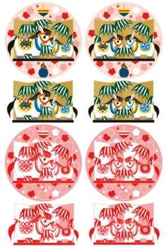 2014年午年年賀状用イラスト素材(置き物親子夫婦飾り馬人形)4種類×2色セット