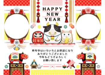 year of the ox illustration new year's card greeting post card design cow tumbling doll and red bull frame happy new year