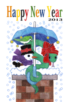 2013年巳年完成年賀状テンプレート(雪宿りHappyNewYear)