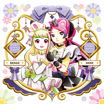 キュアズキューン緑原れんげ&キュアキッス桃山ねね(しまじろうのわお!×キミとアイドルプリキュア♪)※二次創作/Affinity Designer for PC 2 使用