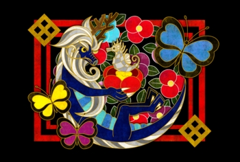 椿・蝶・龍&タツノオトシゴ(黒地)(2012年辰年年賀状用イラスト素材)