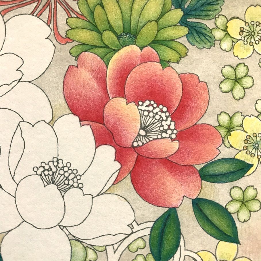 花模様の和柄 緑 完成 和柄3枚目 塗り絵と色鉛筆 花模様の和柄 緑 完成 和柄3枚目 塗り絵と色鉛筆