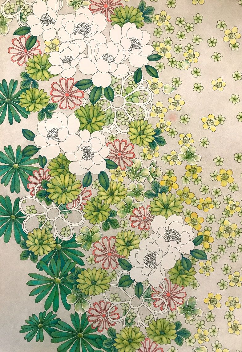 花模様の和柄 緑 完成 和柄3枚目 塗り絵と色鉛筆