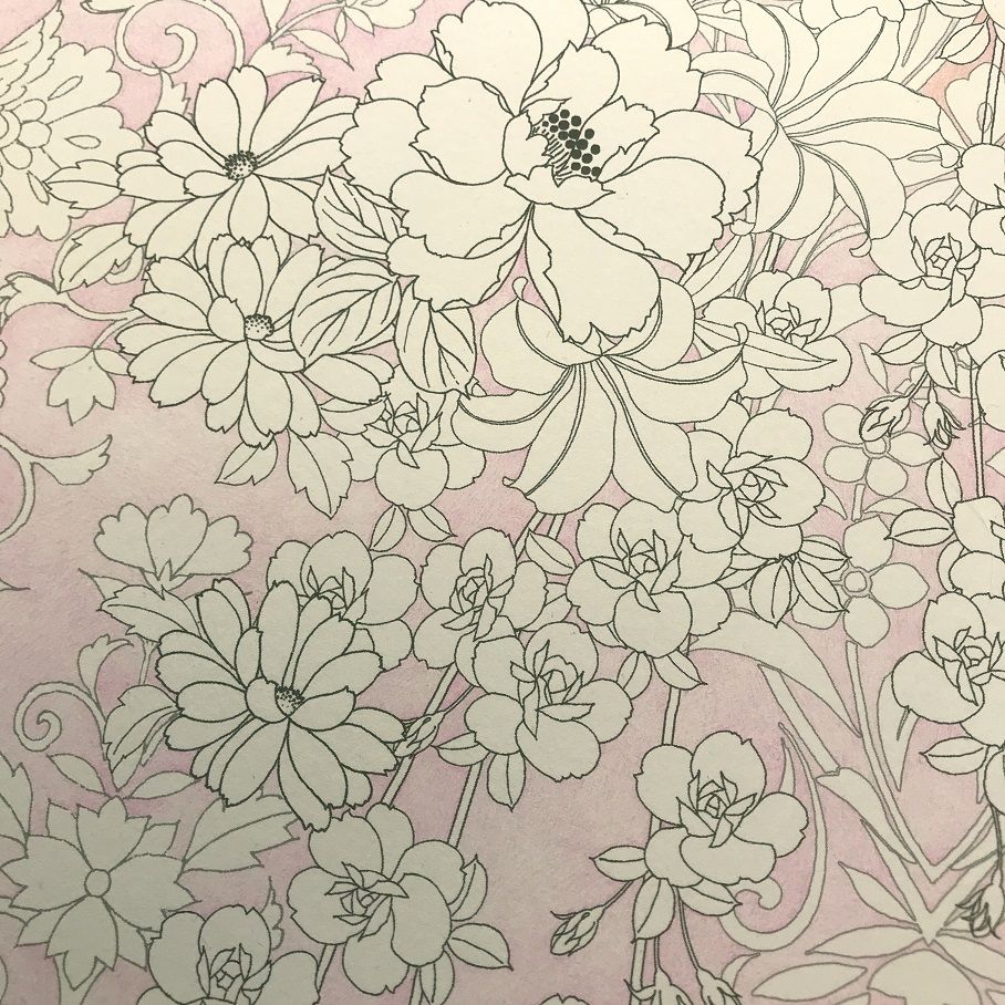 花4種 模様の和柄 和柄3枚目 塗り絵と色鉛筆 花4種 模様の和柄 和柄3枚目 塗り絵と色鉛筆