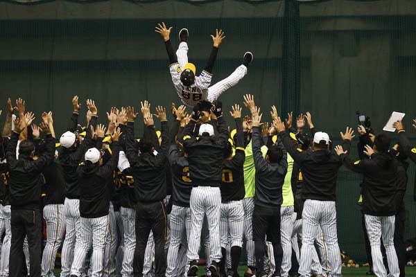 阪神矢野監督をフライング胴上げ　西勇輝「予祝」Ｔシャツ、ナインの優勝前祝いで３度宙に