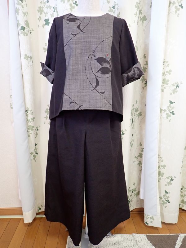 着物リメイク♪大島紬からベストとワイドパンツセットアップ