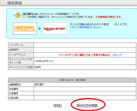 キャッシュバック申請確認