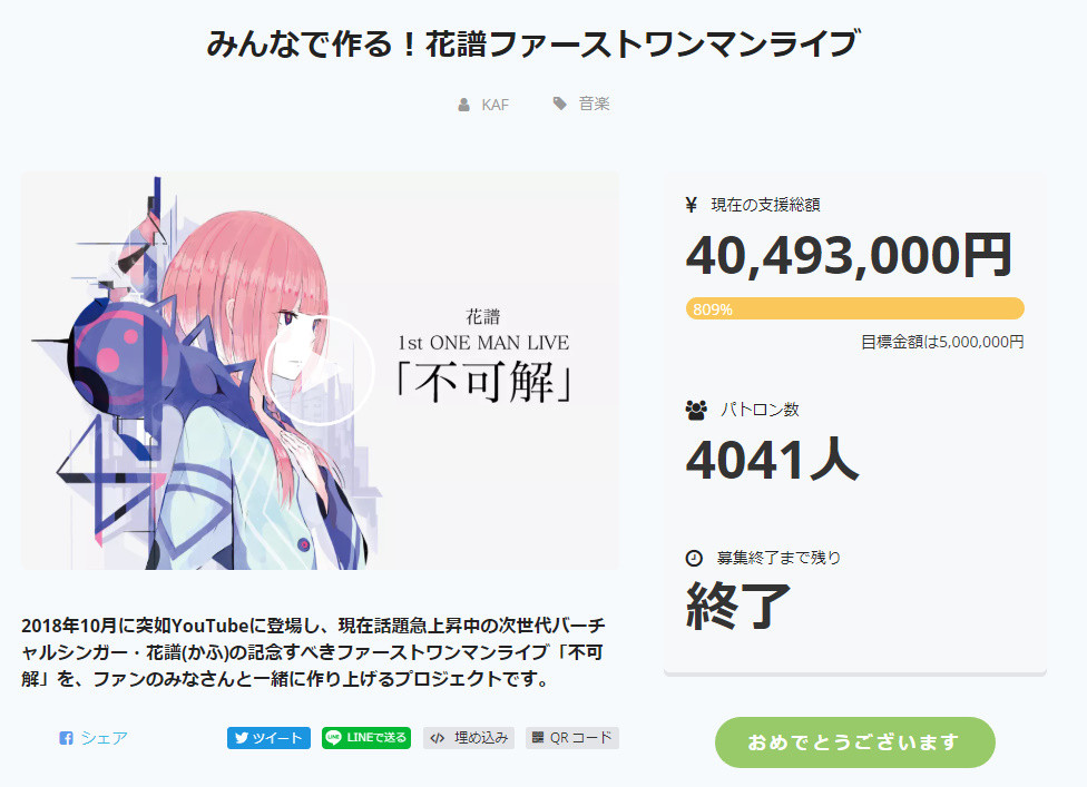 Vtuber 花譜ちゃんのcf額が最終的に4000万円を突破していた ひぇえ ｖチューン 掲示板から Vチューン Vtuberまとめバーチャルユーチューバー速報