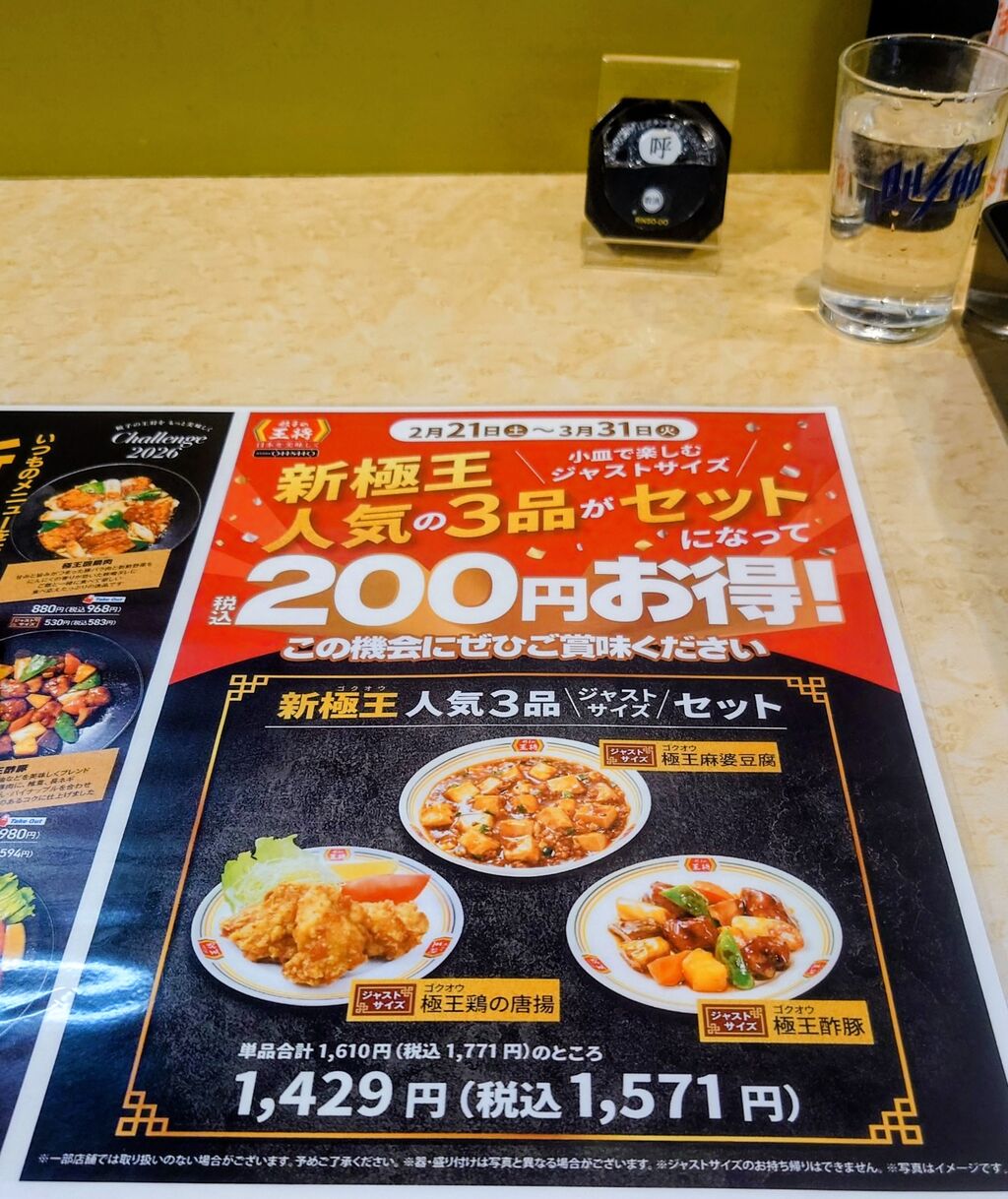 チェーングルメ日記～餃子の王将（新極王人気3品ジャストサイズセット