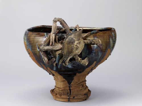 褐釉蟹貼付台付鉢　初代宮川香山　明治時代19世紀