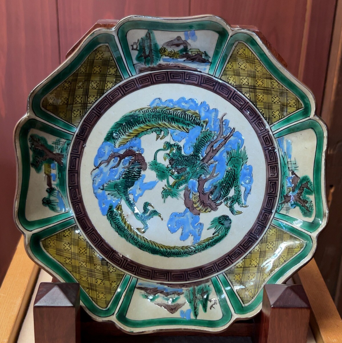 九谷焼 吉田屋 松山窯 青九谷 青手 山水画 九谷銘 アンティーク九谷焼