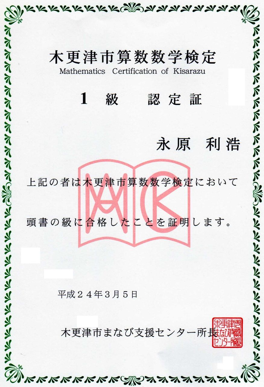 木更津算数数学検定 合否発表 事務屋ｎとして 木更津市議会議員 永原としひろ