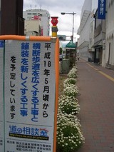 横断歩道広く、舗装新しく看板