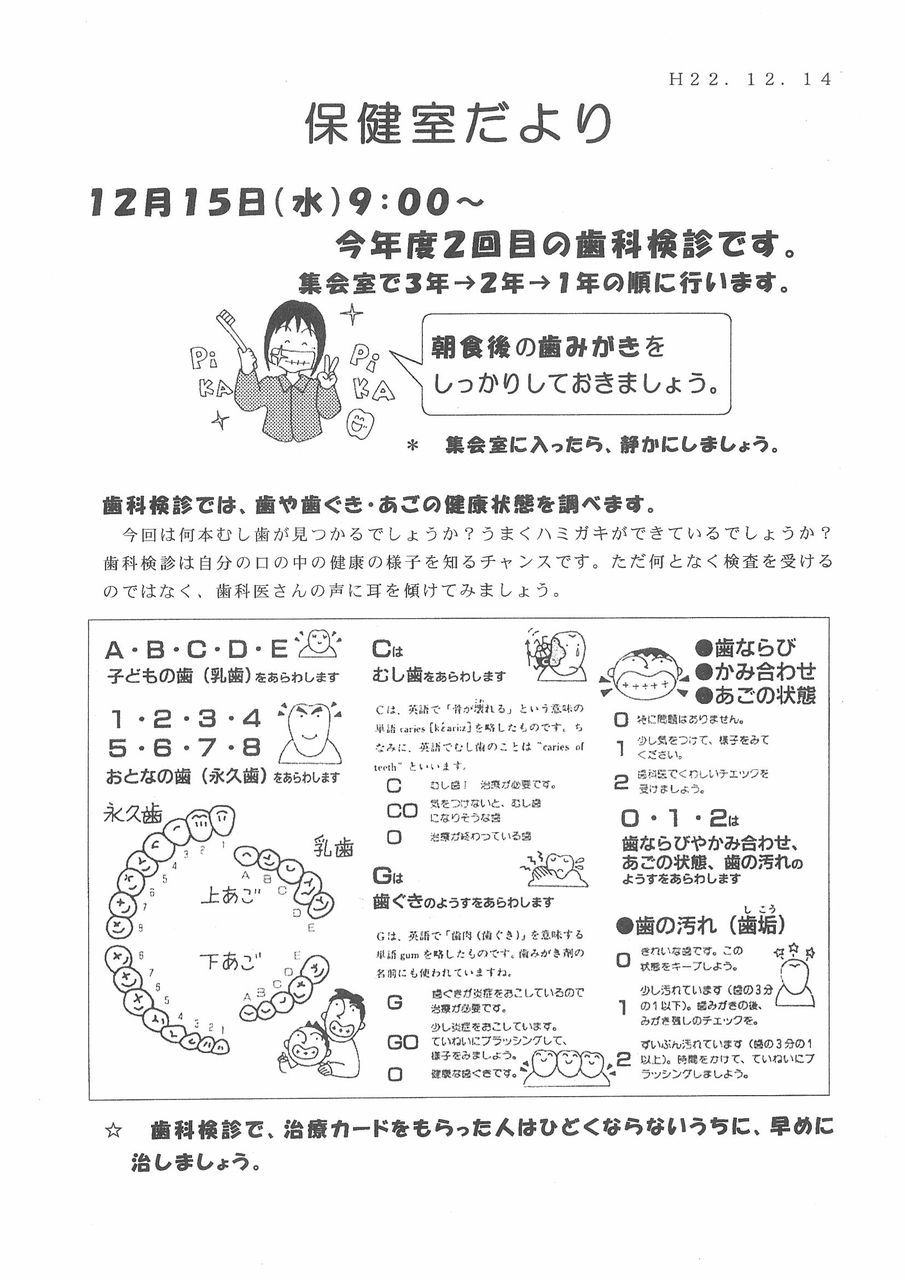 保健室だより 歯科検診のお知らせ ようこそ 射水市立奈古中学校へ 保健室だより 歯科検診のお知らせ ようこそ 射水市立奈古中学校へ