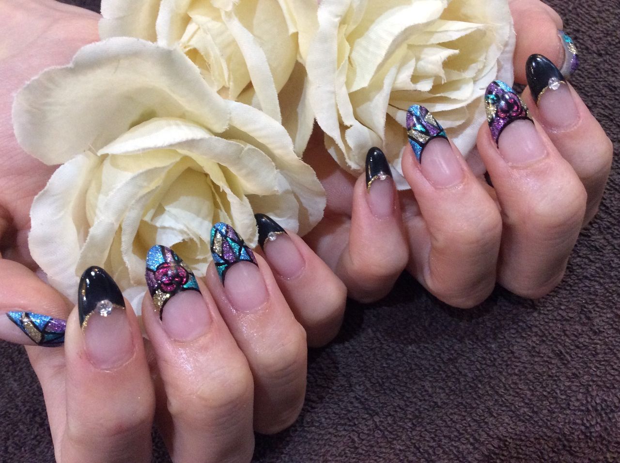 ステンドグラス風 フレンチジェルネイル Nail Salon Freestyle