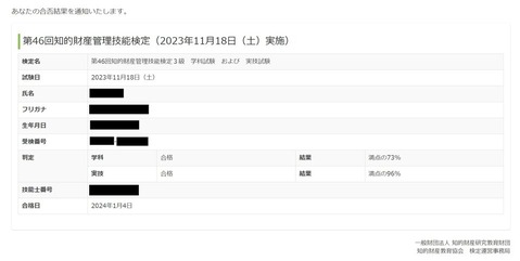 知財検定3級合格