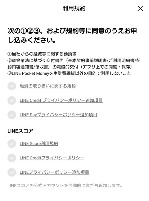 LINEポケットマネー同意画面