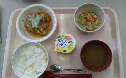 介護施設の食事トレー。主菜、副菜、ご飯、汁物が配置された献立