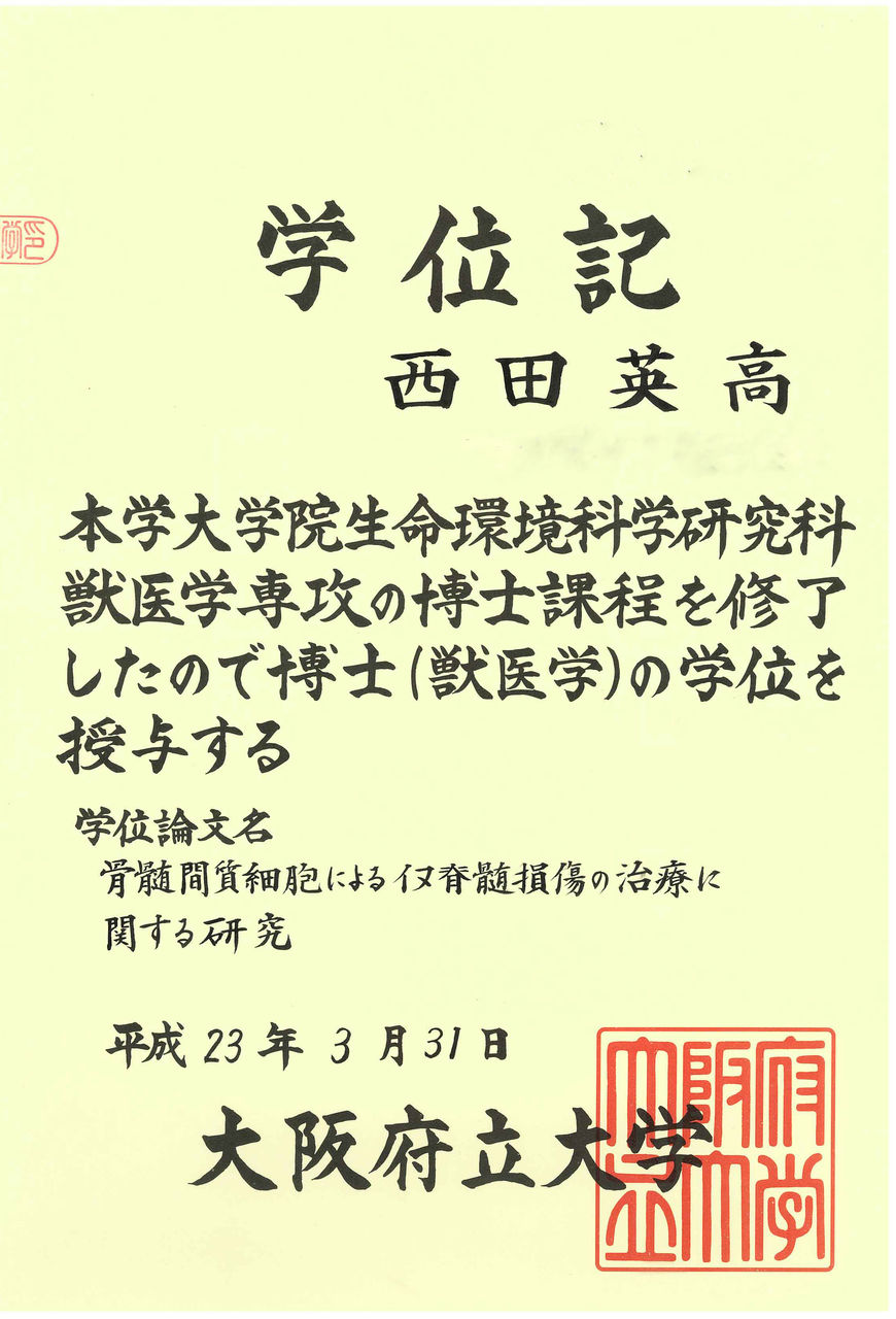 当院スタッフの西田英高先生が獣医学博士号を取得しました 中山獣医科病院 最新情報