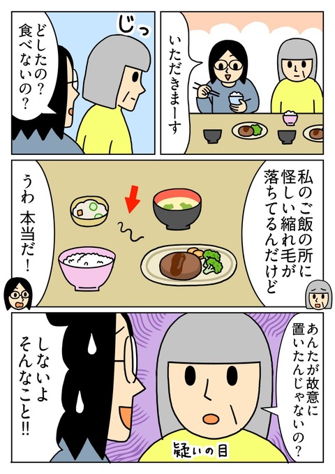 食卓テーブルの上の怪しい縮れ毛