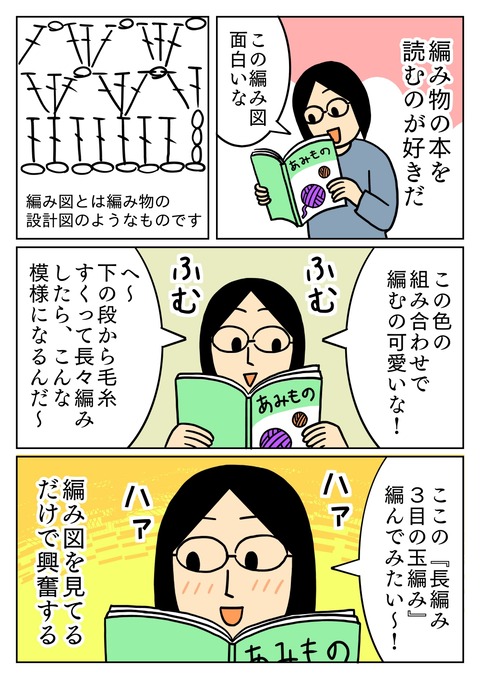 編み図を見て興奮する