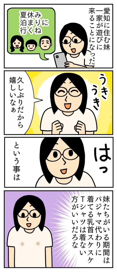 妹一家がくるので乳首スケスケTシャツはやめておこう
