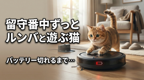 人間が家にいないと、バッテリーが切れるまでルンバと遊び続ける猫ちゃん