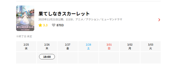 【悲報】日本全国447館で封切りされた「果てしなきスカーレット」本日で最後の映画館で上映終了