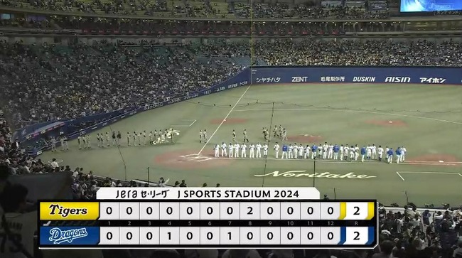 【中日対阪神1回戦】中日対阪神は２－２で延長１２回引き分け