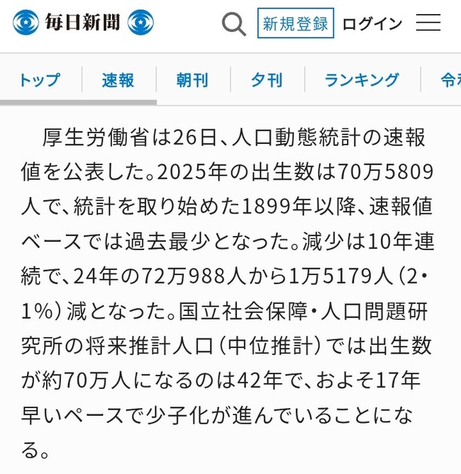 【定期】日本さん、年間出生数過去最小を更新するw